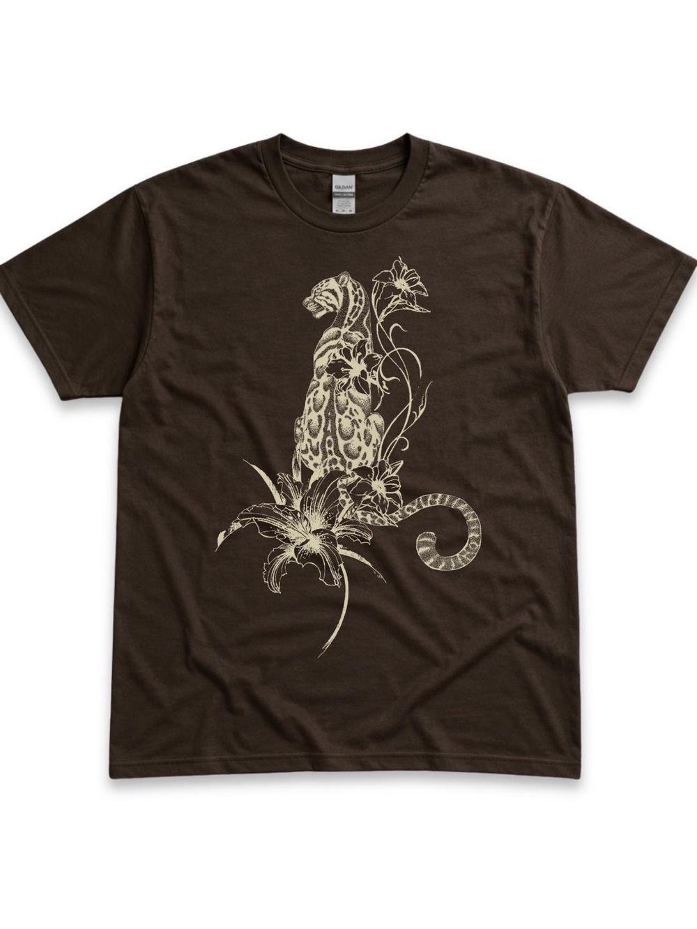 Gildan Brown Leopard Floral Graphic T-Shirt Botanical Animal Print Tee